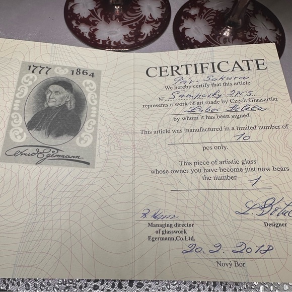 Egermann Czech Ruby Cut Crystal Champagne Flutes 1 of 10 Signed COA 2018 - Picture 16 of 16